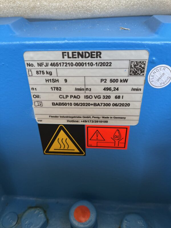Flender gearbox nameplate – specifications close-up