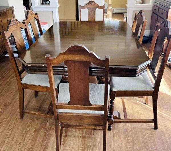 Solid wood dining table with 6 chairs - full set view